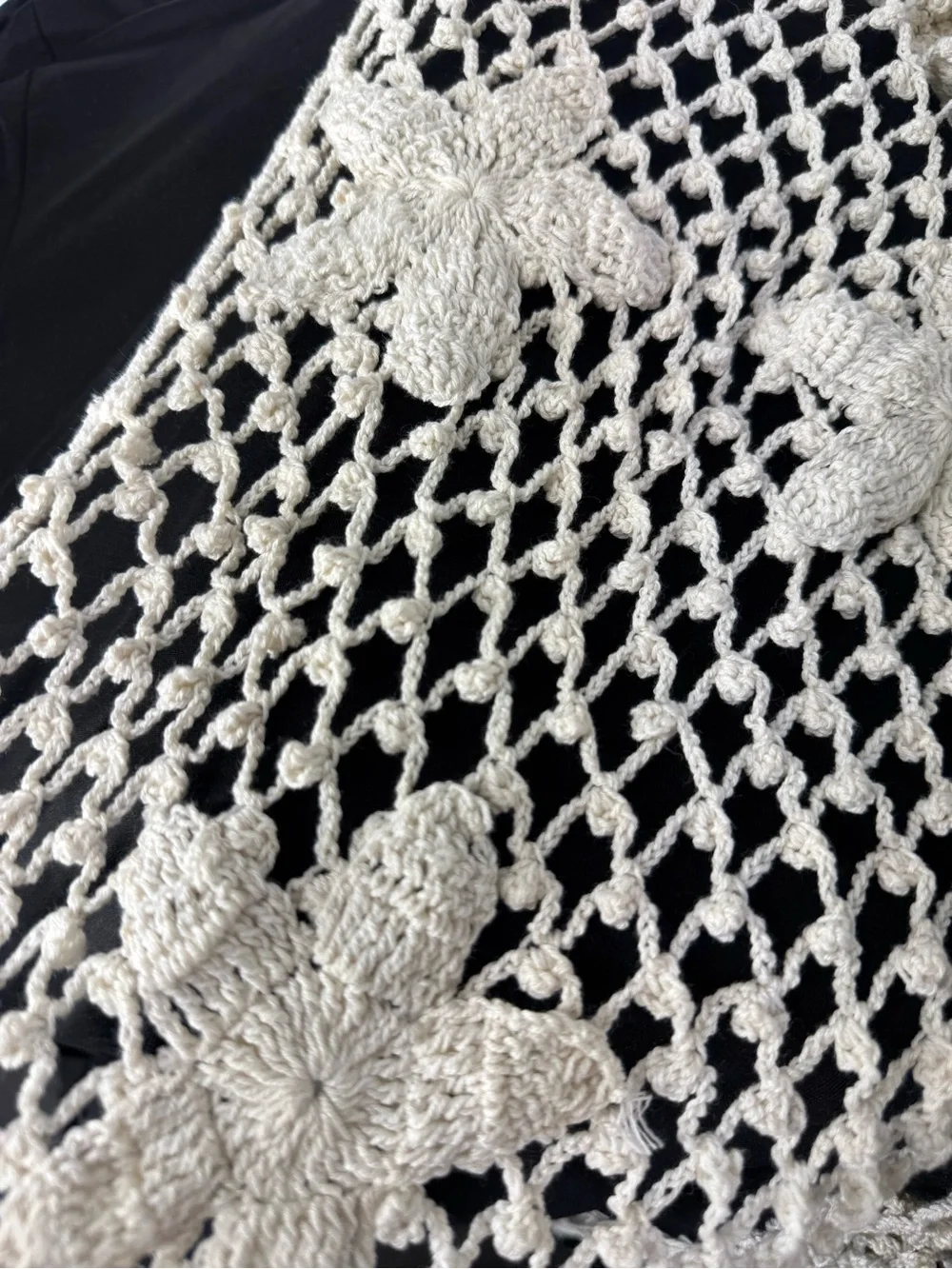 Vintage Antik Batik Made in France Cream Macramé Fringe Scarf with Floral Motifs